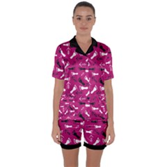 Hot Pink Satin Short Sleeve Pyjamas Set