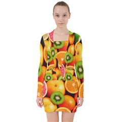 Mixed Fruit 1 V-neck Bodycon Long Sleeve Dress by trendistuff