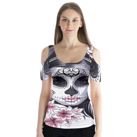 Day Of The Dead Sugar Skull Butterfly Sleeve Cutout Tee  by StarvingArtisan