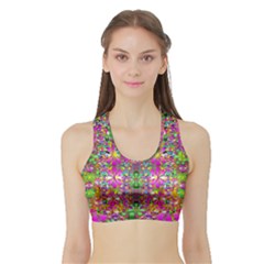 Flower Wall With Wonderful Colors And Bloom Sports Bra With Border by pepitasart