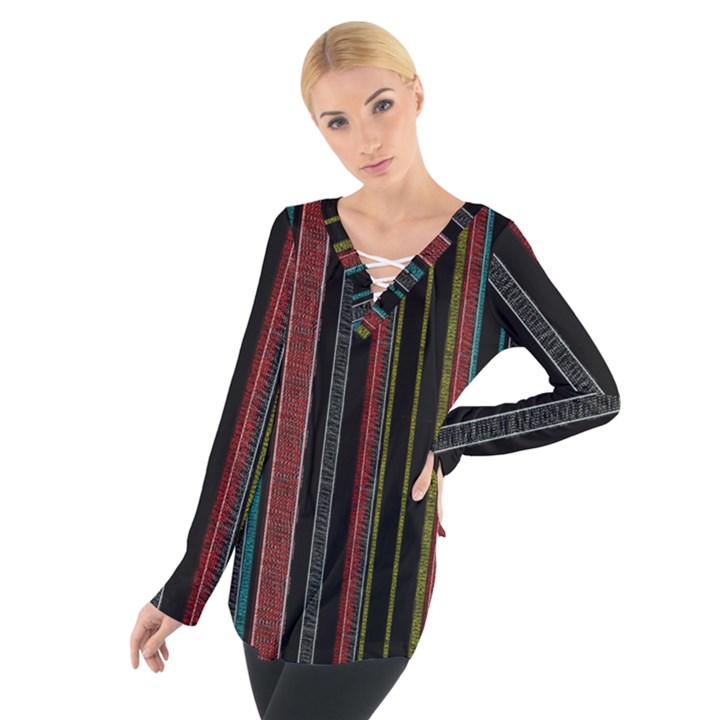 Multicolored Dark Stripes Pattern Tie Up Tee