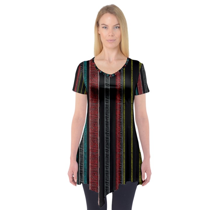 Multicolored Dark Stripes Pattern Short Sleeve Tunic 