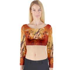 Violin With Violin Bow And Dove Long Sleeve Crop Top by FantasyWorld7