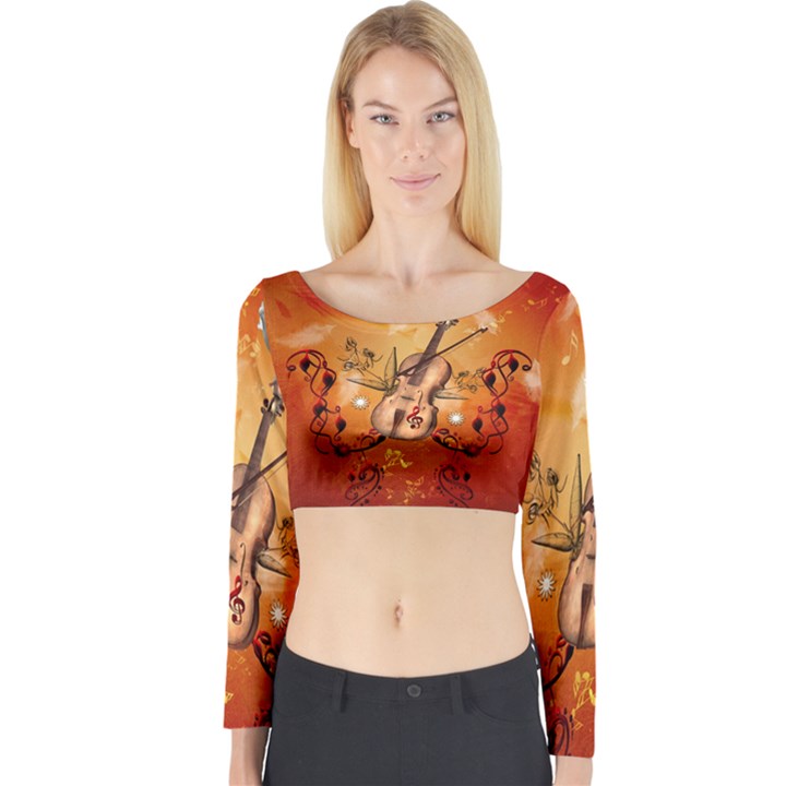 Violin With Violin Bow And Dove Long Sleeve Crop Top