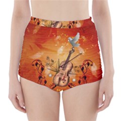 Violin With Violin Bow And Dove High-waisted Bikini Bottoms by FantasyWorld7