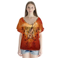 Violin With Violin Bow And Dove V-neck Flutter Sleeve Top by FantasyWorld7