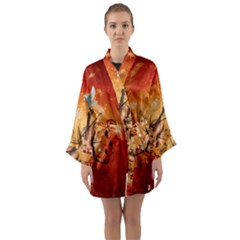 Violin With Violin Bow And Dove Long Sleeve Kimono Robe by FantasyWorld7