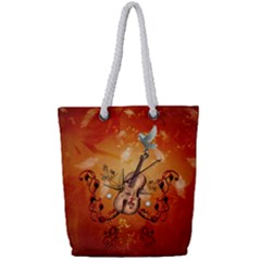 Violin With Violin Bow And Dove Full Print Rope Handle Tote (small)