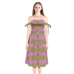 Paradise Flowers In Bohemic Floral Style Shoulder Tie Bardot Midi Dress