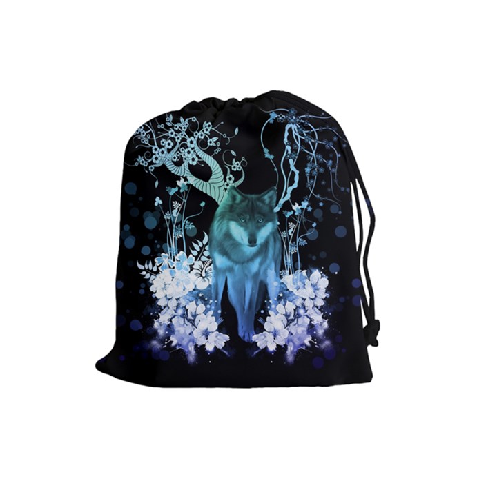 Amazing Wolf With Flowers, Blue Colors Drawstring Pouches (Large) 