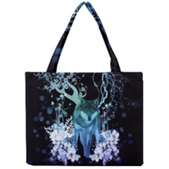 Amazing Wolf With Flowers, Blue Colors Mini Tote Bag by FantasyWorld7