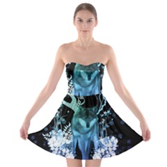 Amazing Wolf With Flowers, Blue Colors Strapless Bra Top Dress by FantasyWorld7