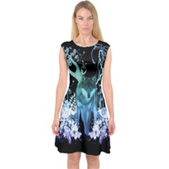 Amazing Wolf With Flowers, Blue Colors Capsleeve Midi Dress by FantasyWorld7