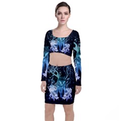 Amazing Wolf With Flowers, Blue Colors Long Sleeve Crop Top & Bodycon Skirt Set by FantasyWorld7