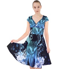 Amazing Wolf With Flowers, Blue Colors Cap Sleeve Front Wrap Midi Dress by FantasyWorld7