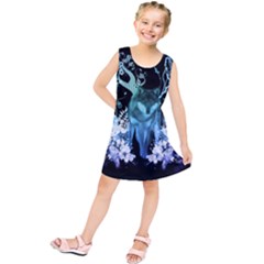 Amazing Wolf With Flowers, Blue Colors Kids  Tunic Dress by FantasyWorld7