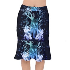 Amazing Wolf With Flowers, Blue Colors Mermaid Skirt by FantasyWorld7