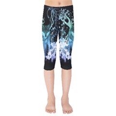 Amazing Wolf With Flowers, Blue Colors Kids  Capri Leggings  by FantasyWorld7