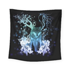 Amazing Wolf With Flowers, Blue Colors Square Tapestry (small) by FantasyWorld7