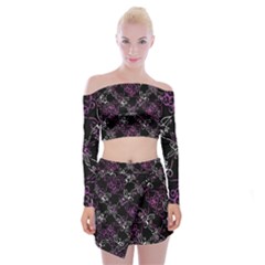 Dark Intersecting Lace Pattern Off Shoulder Top With Mini Skirt Set by dflcprints