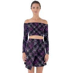 Dark Intersecting Lace Pattern Off Shoulder Top With Skirt Set by dflcprints