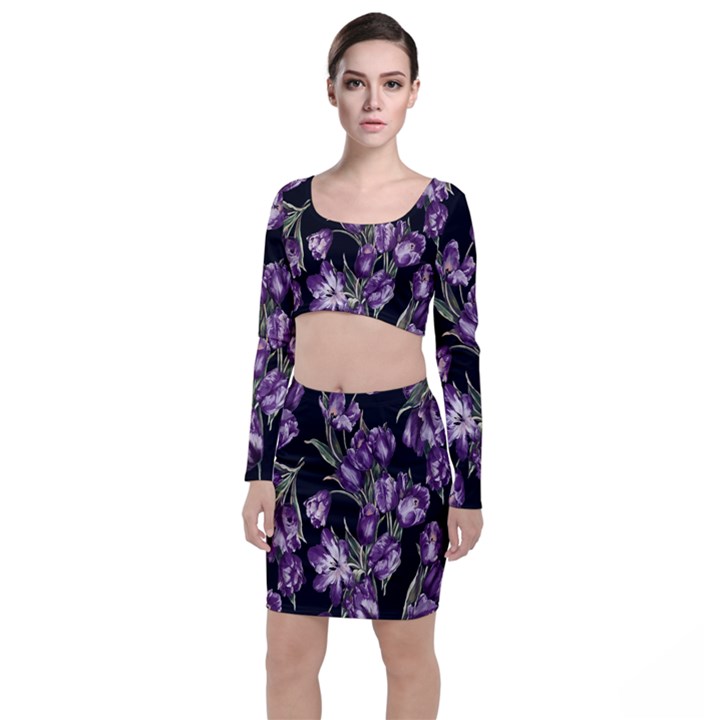 Purple Tulip print Long Sleeve Crop Top & Bodycon Skirt Set