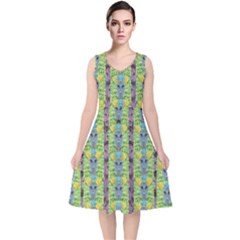 Decorative Summer Girls With Flower Hair V-neck Midi Sleeveless Dress  by pepitasart