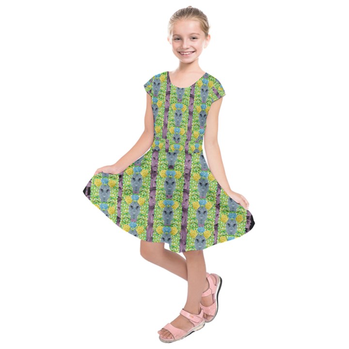 Decorative Summer Girls With Flower Hair Kids  Short Sleeve Dress