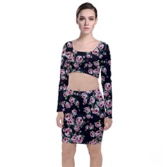 Pink Roses Print Long Sleeve Crop Top & Bodycon Skirt Set by CasaDiModa