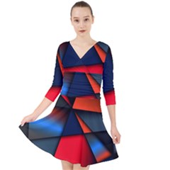 3d And Abstract Quarter Sleeve Front Wrap Dress