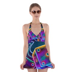 3d Cube Dice Neon Halter Dress Swimsuit  by Sapixe