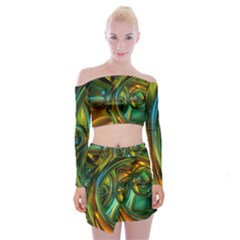 3d Transparent Glass Shapes Mixture Of Dark Yellow Green Glass Mixture Artistic Glassworks Off Shoulder Top With Mini Skirt Set by Sapixe