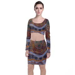 Aboriginal Traditional Pattern Long Sleeve Crop Top & Bodycon Skirt Set