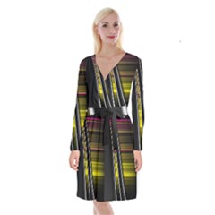 Abstract Multicolor Vectors Flow Lines Graphics Long Sleeve Velvet Front Wrap Dress