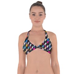 Abstract Multicolor Cubes 3d Quilt Fabric Halter Neck Bikini Top