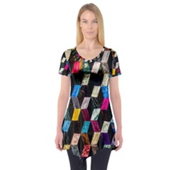 Abstract Multicolor Cubes 3d Quilt Fabric Short Sleeve Tunic 