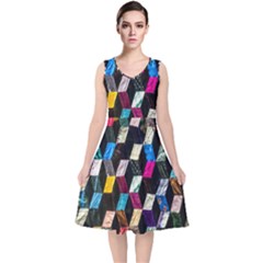 Abstract Multicolor Cubes 3d Quilt Fabric V-neck Midi Sleeveless Dress 