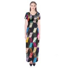 Abstract Multicolor Cubes 3d Quilt Fabric Short Sleeve Maxi Dress