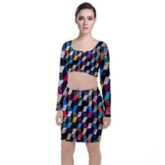 Abstract Multicolor Cubes 3d Quilt Fabric Long Sleeve Crop Top & Bodycon Skirt Set