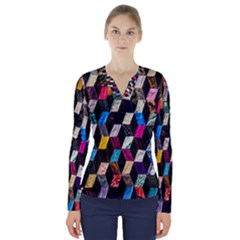 Abstract Multicolor Cubes 3d Quilt Fabric V-neck Long Sleeve Top