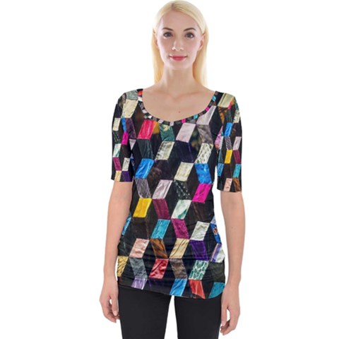 Abstract Multicolor Cubes 3d Quilt Fabric Wide Neckline Tee by Sapixe