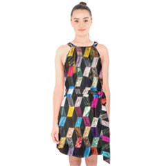 Abstract Multicolor Cubes 3d Quilt Fabric Halter Collar Waist Tie Chiffon Dress