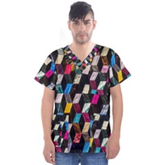 Abstract Multicolor Cubes 3d Quilt Fabric Men s V-neck Scrub Top