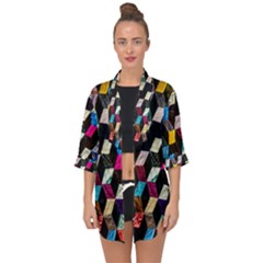 Abstract Multicolor Cubes 3d Quilt Fabric Open Front Chiffon Kimono