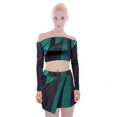 Abstract Green Purple Off Shoulder Top With Mini Skirt Set