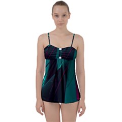 Abstract Green Purple Babydoll Tankini Set