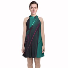 Abstract Green Purple Velvet Halter Neckline Dress 