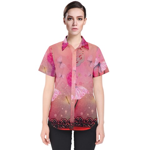 Wonderful Butterflies With Dragonfly Women s Short Sleeve Shirt by FantasyWorld7