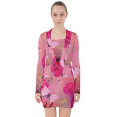 Wonderful Butterflies With Dragonfly V-neck Bodycon Long Sleeve Dress by FantasyWorld7