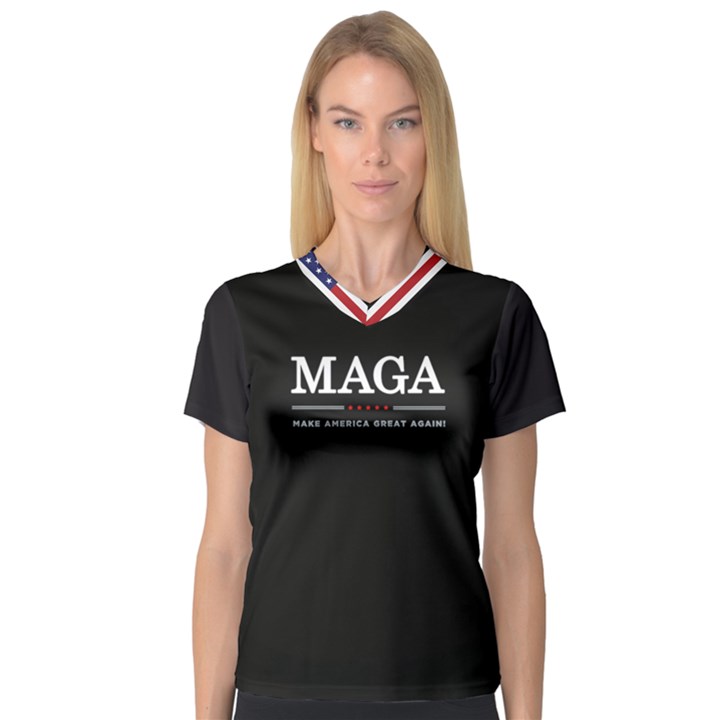 MAGA Make America Great Again with US Flag on black V-Neck Sport Mesh Tee